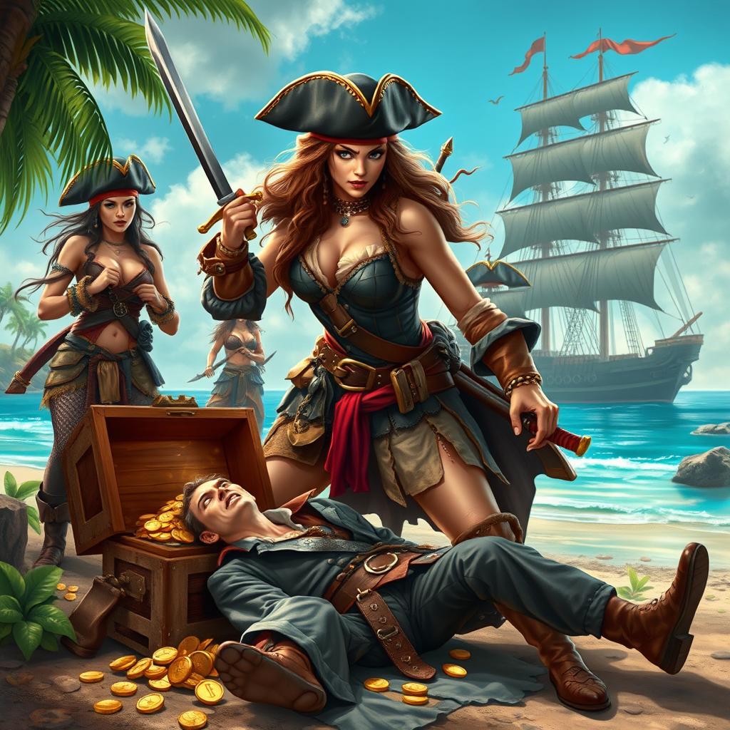 An intense and captivating scene for a book cover featuring a brave pirate woman dressed in traditional pirate attire, resembling a man, with a confident stance