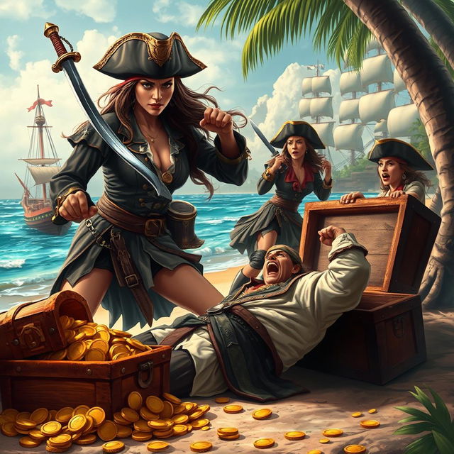 An intense and captivating scene for a book cover featuring a brave pirate woman dressed in traditional pirate attire, resembling a man, with a confident stance