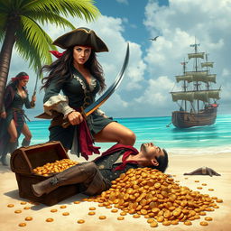 An intense and captivating scene for a book cover featuring a brave pirate woman dressed in traditional pirate attire, resembling a man, with a confident stance