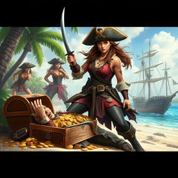 An intense and captivating scene for a book cover featuring a brave pirate woman dressed in traditional pirate attire, resembling a man, with a confident stance