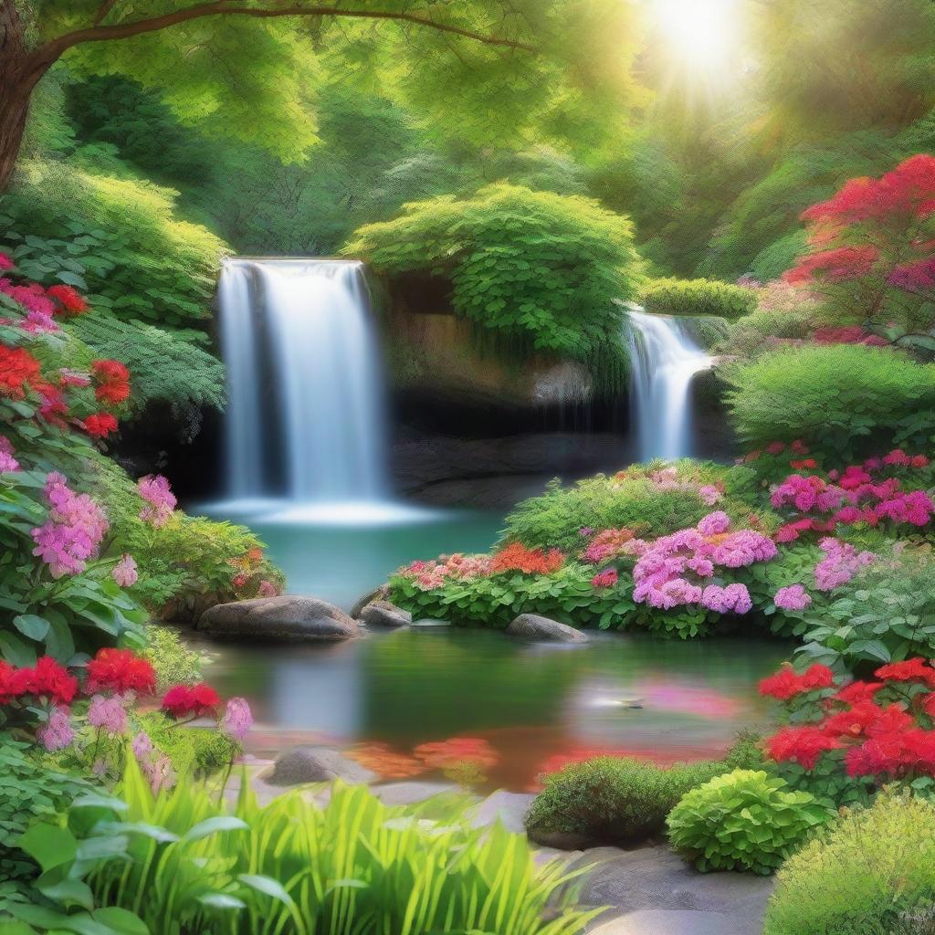 A serene garden scene during a sunny morning, with lush greenery, vibrant flowers, and a beautiful waterfall gracefully cascading in the background