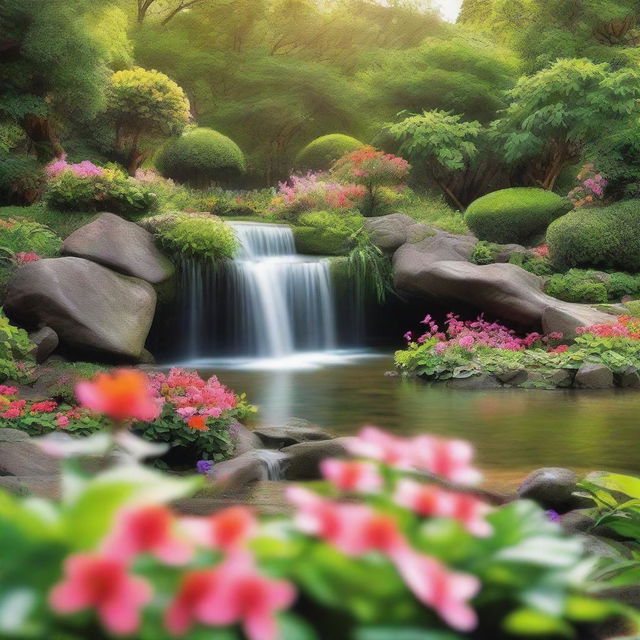 A serene garden scene during a sunny morning, with lush greenery, vibrant flowers, and a beautiful waterfall gracefully cascading in the background