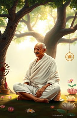 An artistic representation of Mahatma Gandhi, inspired by his autobiography, depicting him in a simple white dhoti with a serene expression