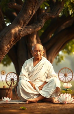 An artistic representation of Mahatma Gandhi, inspired by his autobiography, depicting him in a simple white dhoti with a serene expression