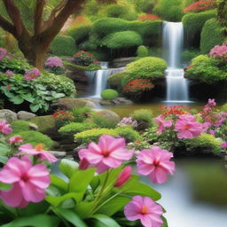 A serene garden scene during a sunny morning, with lush greenery, vibrant flowers, and a beautiful waterfall gracefully cascading in the background