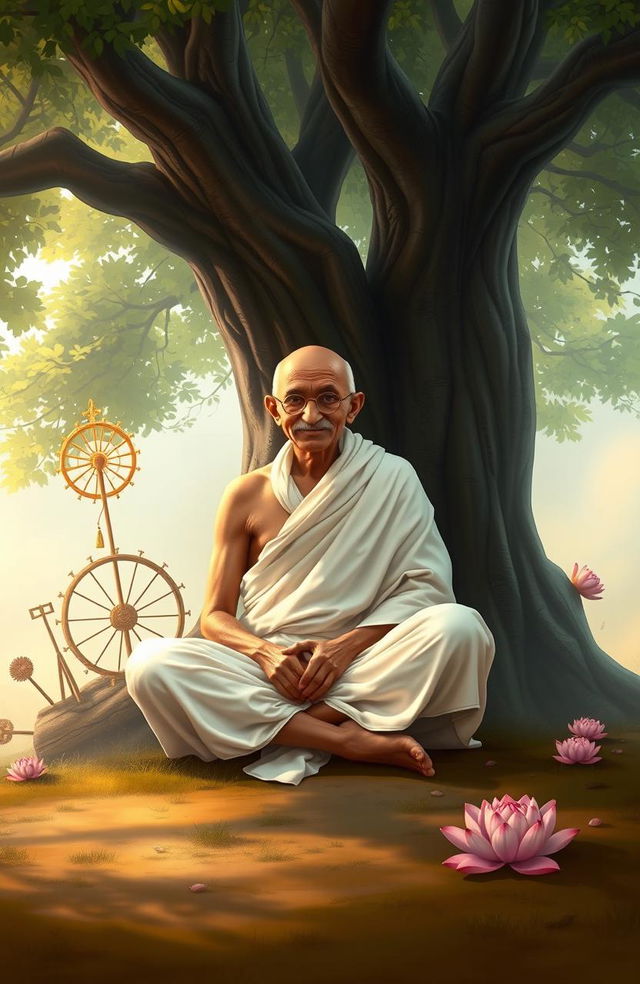 An artistic representation of Mahatma Gandhi, inspired by his autobiography, depicting him in a simple white dhoti with a serene expression