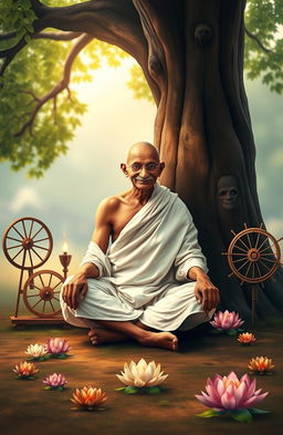 An artistic representation of Mahatma Gandhi, inspired by his autobiography, depicting him in a simple white dhoti with a serene expression