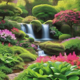 A serene garden scene during a sunny morning, with lush greenery, vibrant flowers, and a beautiful waterfall gracefully cascading in the background