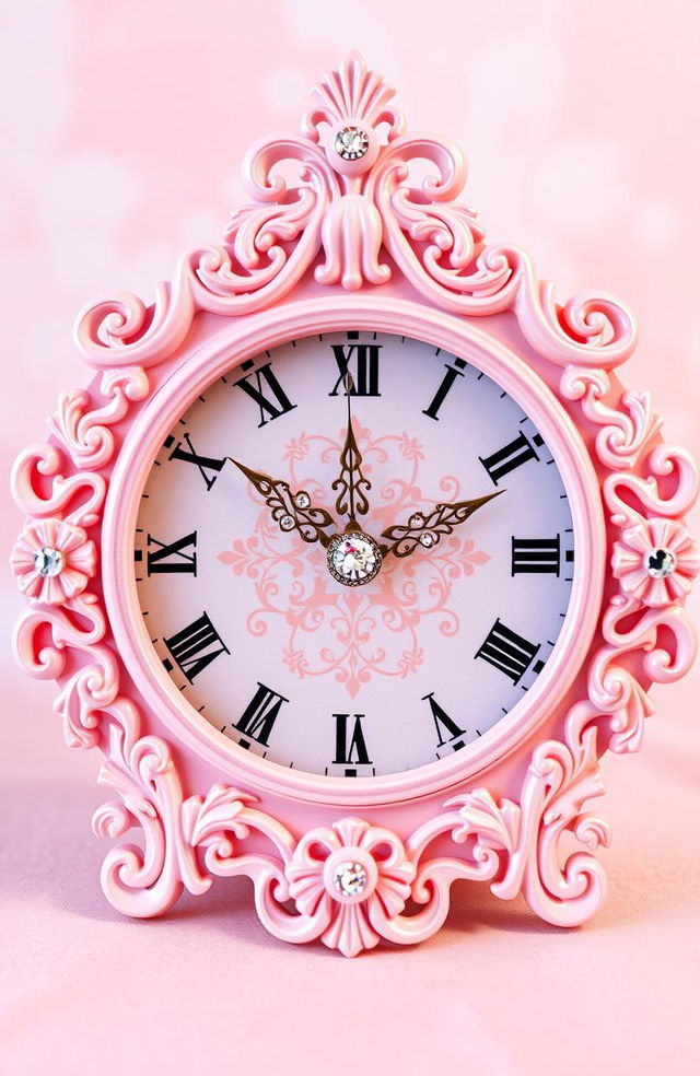 A beautiful, ornate clock designed in shades of soft pink, featuring delicate floral patterns and intricate details