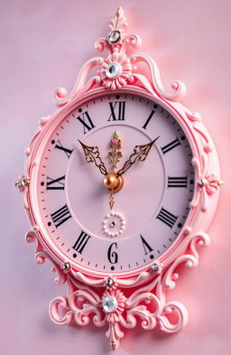 A beautiful, ornate clock designed in shades of soft pink, featuring delicate floral patterns and intricate details