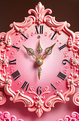 A beautiful, ornate clock designed in shades of soft pink, featuring delicate floral patterns and intricate details