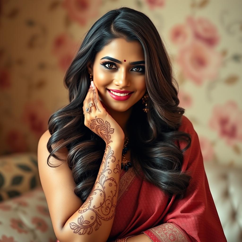 A beautiful, confident South Asian woman in her 30s, elegantly posed in a tasteful manner, showcasing her natural beauty and curves