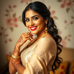 A beautiful, confident South Asian woman in her 30s, elegantly posed in a tasteful manner, showcasing her natural beauty and curves