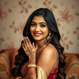 A beautiful, confident South Asian woman in her 30s, elegantly posed in a tasteful manner, showcasing her natural beauty and curves