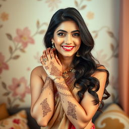 A beautiful, confident South Asian woman in her 30s, elegantly posed in a tasteful manner, showcasing her natural beauty and curves