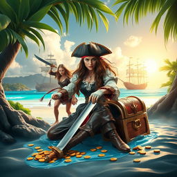 A captivating book cover depicting a brave pirate woman dressed in a traditional pirate outfit resembling a man, her fierce expression focused on a cowardly pirate man she has captured