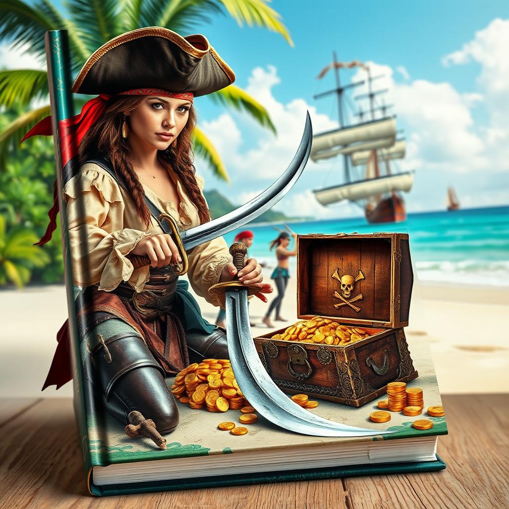 A captivating book cover depicting a brave pirate woman dressed in a traditional pirate outfit resembling a man, her fierce expression focused on a cowardly pirate man she has captured