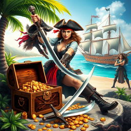 A captivating book cover depicting a brave pirate woman dressed in a traditional pirate outfit resembling a man, her fierce expression focused on a cowardly pirate man she has captured