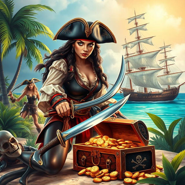 A captivating book cover depicting a brave pirate woman dressed in a traditional pirate outfit resembling a man, her fierce expression focused on a cowardly pirate man she has captured