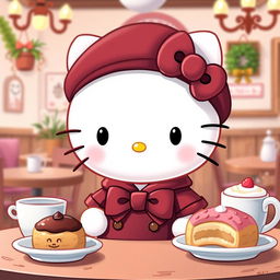 A cute and adorable interpretation of Hello Kitty, featuring her wearing a cozy café outfit with a stylish maroon beret, surrounded by delicious pastries and warm drinks