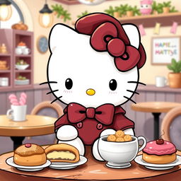 A cute and adorable interpretation of Hello Kitty, featuring her wearing a cozy café outfit with a stylish maroon beret, surrounded by delicious pastries and warm drinks