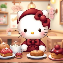 A cute and adorable interpretation of Hello Kitty, featuring her wearing a cozy café outfit with a stylish maroon beret, surrounded by delicious pastries and warm drinks