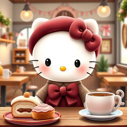 A cute and adorable interpretation of Hello Kitty, featuring her wearing a cozy café outfit with a stylish maroon beret, surrounded by delicious pastries and warm drinks