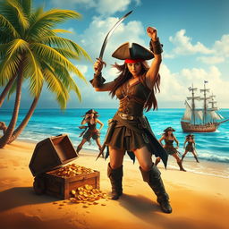 An exhilarating scene for a book cover featuring a brave pirate woman dressed in rugged pirate attire that resembles a man's outfit, complete with a tricorn hat and a sword raised in triumph