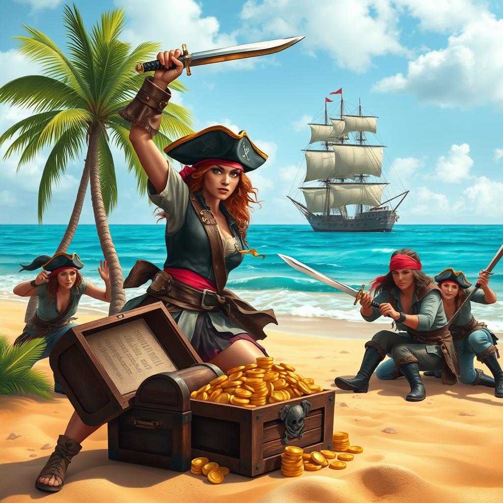 An exhilarating scene for a book cover featuring a brave pirate woman dressed in rugged pirate attire that resembles a man's outfit, complete with a tricorn hat and a sword raised in triumph