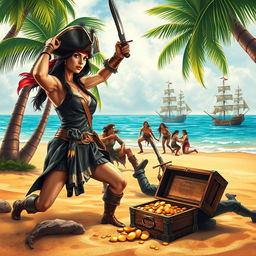 An exhilarating scene for a book cover featuring a brave pirate woman dressed in rugged pirate attire that resembles a man's outfit, complete with a tricorn hat and a sword raised in triumph