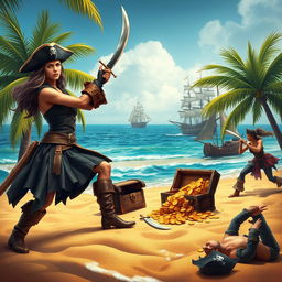 An exhilarating scene for a book cover featuring a brave pirate woman dressed in rugged pirate attire that resembles a man's outfit, complete with a tricorn hat and a sword raised in triumph