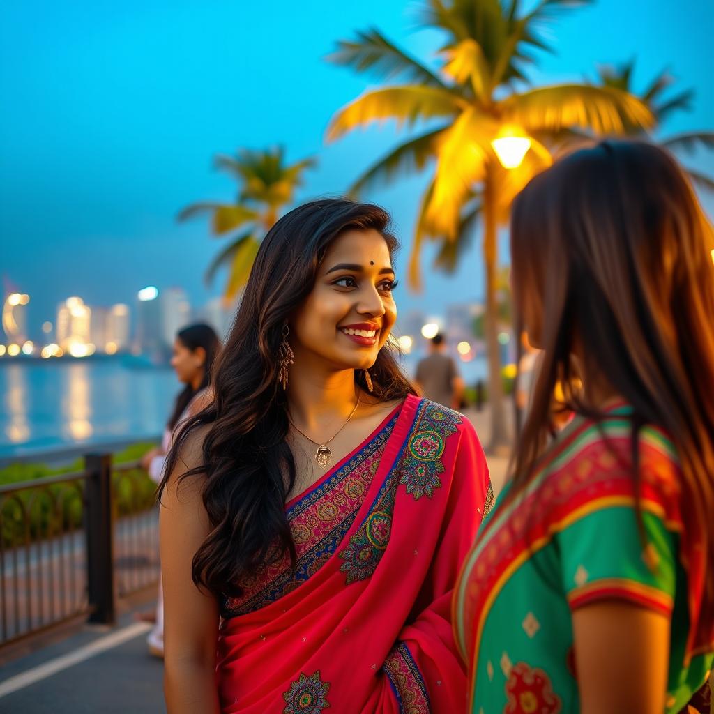 A hot Punjabi young woman, 18 years old, enjoying a vibrant evening at the Bandra Bandstand surrounded by the beautiful Mumbai skyline