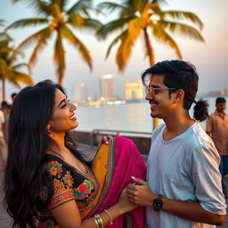 A hot Punjabi young woman, 18 years old, enjoying a vibrant evening at the Bandra Bandstand surrounded by the beautiful Mumbai skyline