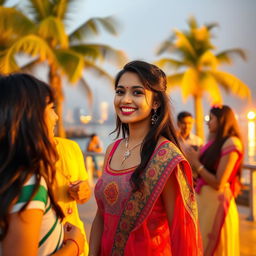 A hot Punjabi young woman, 18 years old, enjoying a vibrant evening at the Bandra Bandstand surrounded by the beautiful Mumbai skyline
