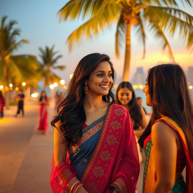 A hot Punjabi young woman, 18 years old, enjoying a vibrant evening at the Bandra Bandstand surrounded by the beautiful Mumbai skyline