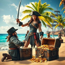 A thrilling scene showcasing a brave pirate woman dressed in rugged pirate attire that resembles a man's clothing, exuding confidence and strength as she captures a cowardly male pirate