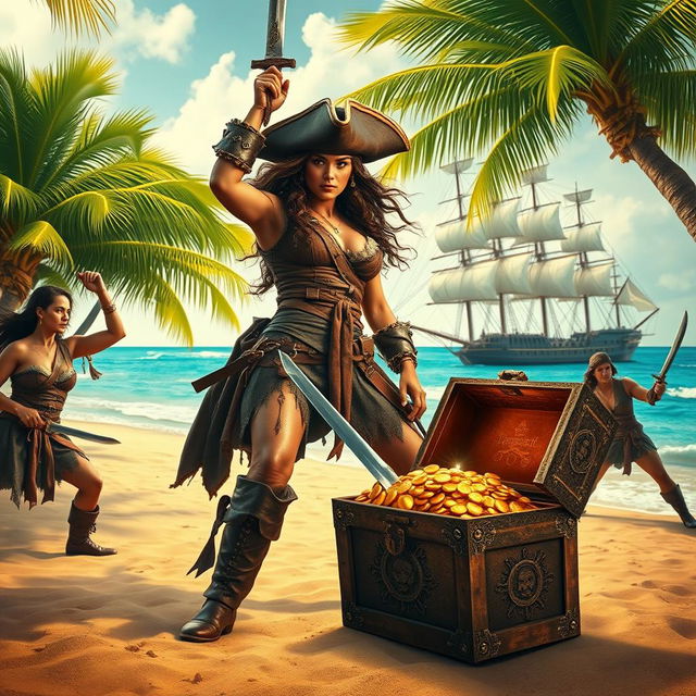 A thrilling scene showcasing a brave pirate woman dressed in rugged pirate attire that resembles a man's clothing, exuding confidence and strength as she captures a cowardly male pirate