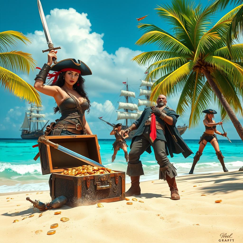 A thrilling scene showcasing a brave pirate woman dressed in rugged pirate attire that resembles a man's clothing, exuding confidence and strength as she captures a cowardly male pirate