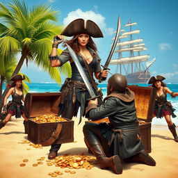 A thrilling scene showcasing a brave pirate woman dressed in rugged pirate attire that resembles a man's clothing, exuding confidence and strength as she captures a cowardly male pirate