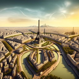 Generate a stylized, cartoon version of the city of Paris, with iconic landmarks like the Eiffel Tower and Notre Dame Cathedral for a guessing game.