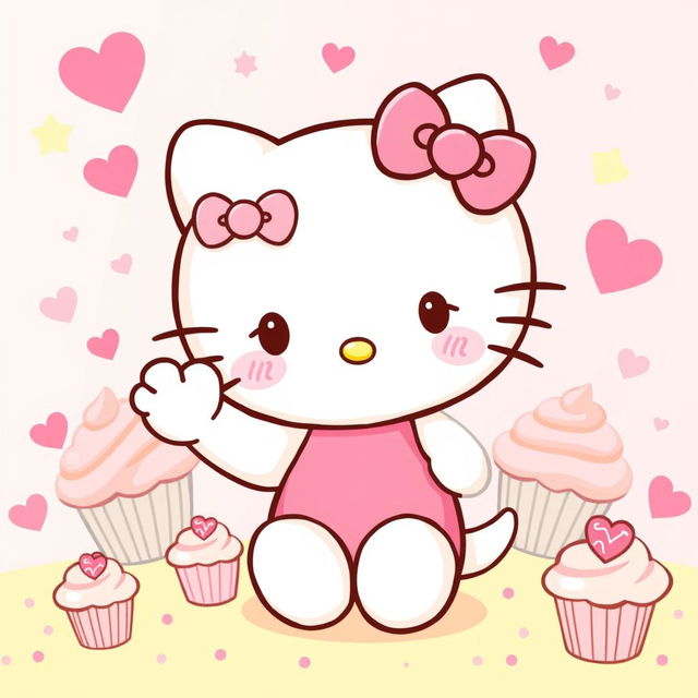 A cute and whimsical illustration of Hello Kitty, featuring her iconic white fur, pink bow, and adorable facial expression