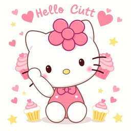 A cute and whimsical illustration of Hello Kitty, featuring her iconic white fur, pink bow, and adorable facial expression