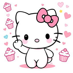 A cute and whimsical illustration of Hello Kitty, featuring her iconic white fur, pink bow, and adorable facial expression