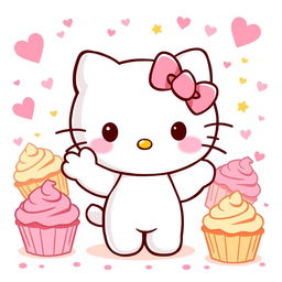 A cute and whimsical illustration of Hello Kitty, featuring her iconic white fur, pink bow, and adorable facial expression