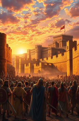 An epic scene inspired by the Book of Joshua from the Bible, depicting a dramatic conquest of a fortified city