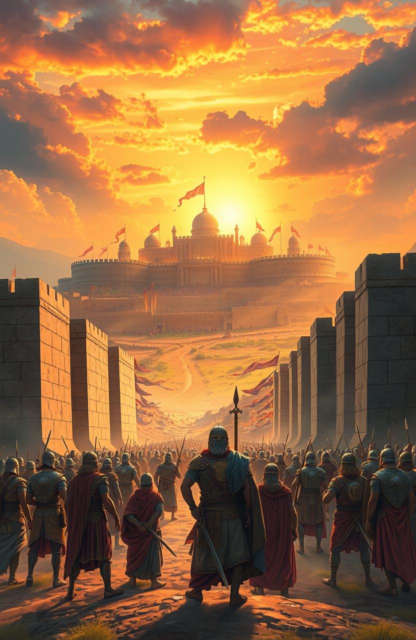 An epic scene inspired by the Book of Joshua from the Bible, depicting a dramatic conquest of a fortified city