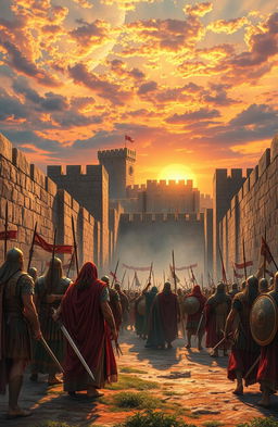 An epic scene inspired by the Book of Joshua from the Bible, depicting a dramatic conquest of a fortified city