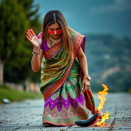 An aunty dressed in a stunning, shining ghagra decorated with intricate patterns and vivid colors