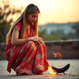 An aunty dressed in a stunning, shining ghagra decorated with intricate patterns and vivid colors