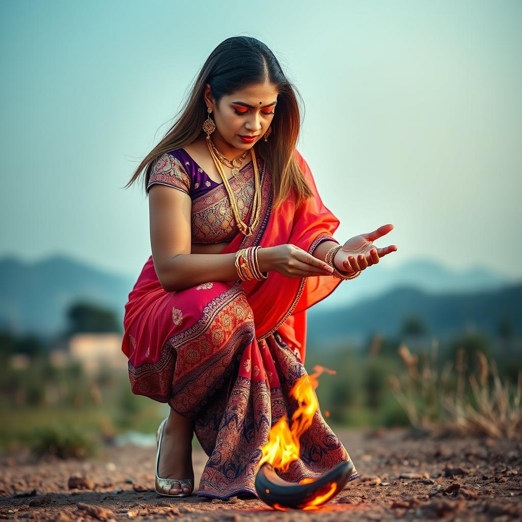 An aunty dressed in a stunning, shining ghagra decorated with intricate patterns and vivid colors